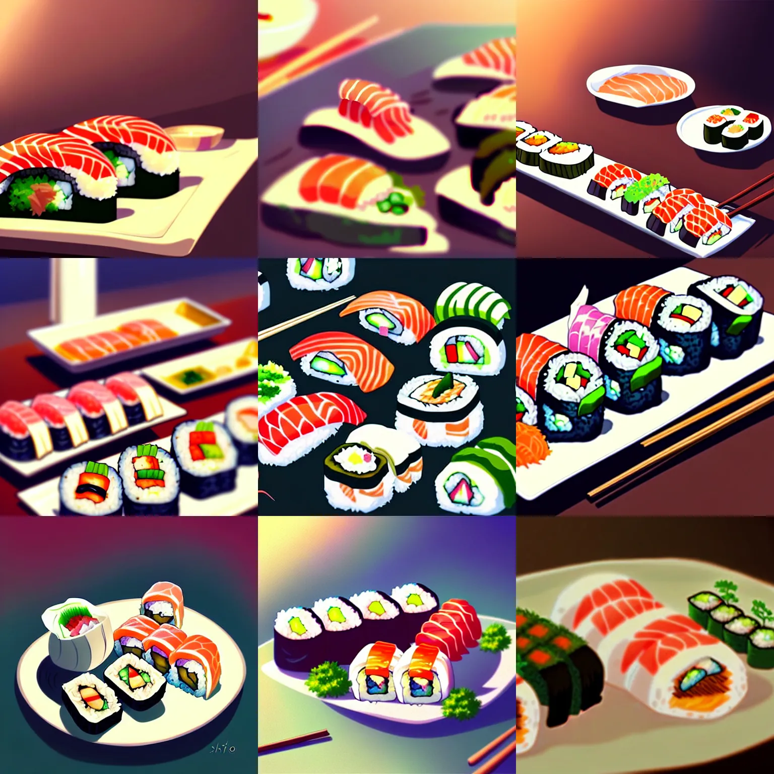 Prompt: delicious and tasty sushi, animation, by makoto shinkai, digital art, illustrations