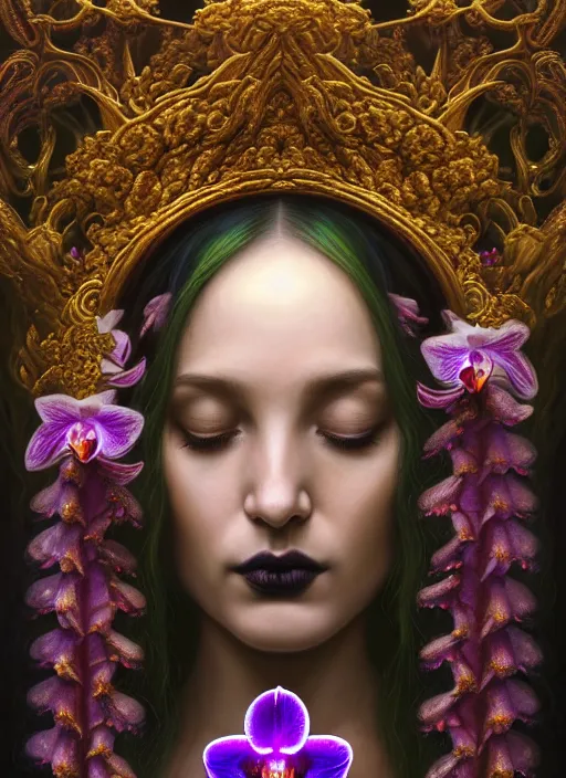 Image similar to portrait of the young goddess of iridescent orchids, unusually unique beauty, flowers and plants and vegetables, emotionally evoking symbolic metaphors, head in focus, fantasy, heavily gothic ornamental, intricate, elegant, sensual, highly detailed digital painting, artstation, concept art, painterly, golden ratio, sharp focus, illustration, art by greg rutkowski and alphonse mucha,