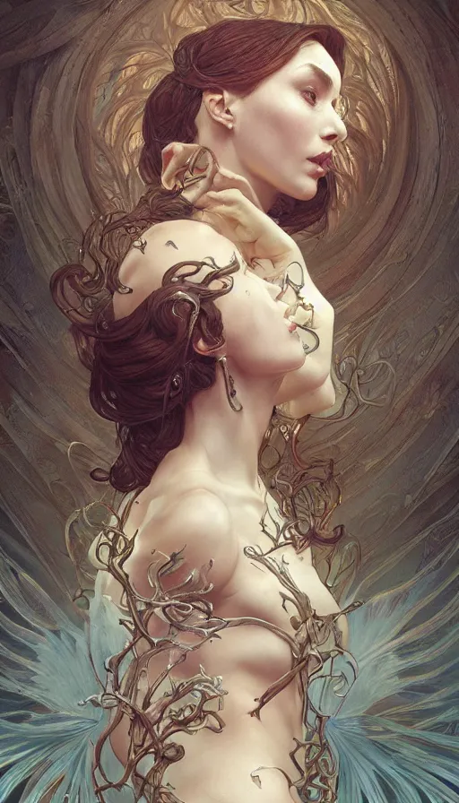 Prompt: twisted fairytale, fibonacci, sweat drops, insane, intricate, highly detailed, digital painting, artstation, concept art, smooth, sharp focus, illustration, Unreal Engine 5, 8K, art by artgerm and greg rutkowski and alphonse mucha