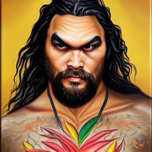 Prompt: jason momoa as a mango, lowbrow painting by mark ryden