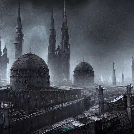 Image similar to Digital art, trending on Artstation, imperial russian warhammer 40k citadel black domes and tall radio spires, Dark and rainy mega city with towering walls built to block the migrants of the coming climate change migrant crisis showing piles of hundred bodies outside to maintain a quality of life for those who can survive the severe and deadly weather patterns observing small children targeted by advanced military style drones, dystopian, pbr render, concept art illustration, tilt shift background, wide depth of field, 8k, 35mm film grain