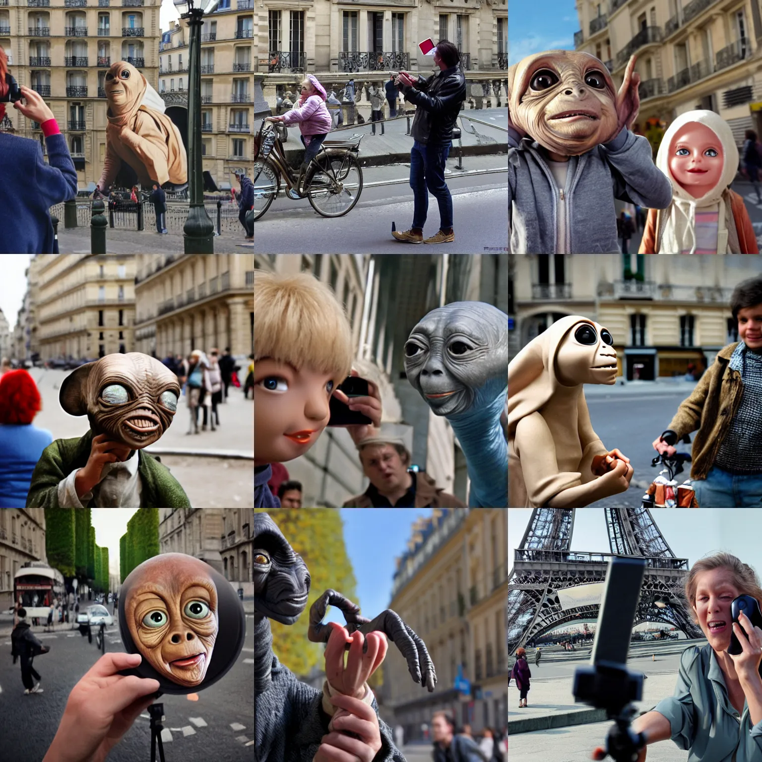 Prompt: e. t. ( from the movie ) phoning home, photo bombing tourists in paris, photorealistic, ultrrealistic, sharp focus,