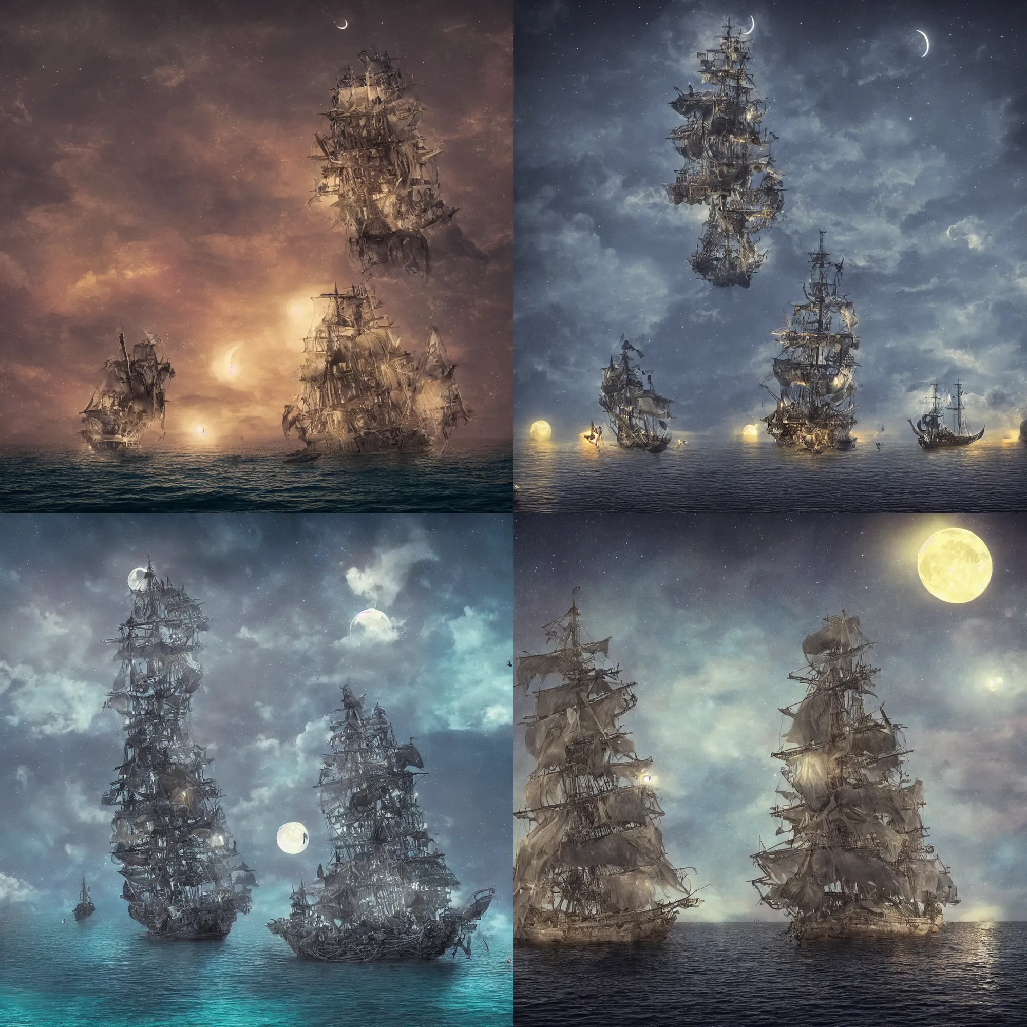 Prompt: a translucent ghost ship full of ghost and skereton pirates anchored near an inhabited island in the Caribbean at night, a single large crescent moon, vibrant colors, an award-winning high-quality digital art, hyperrealistic