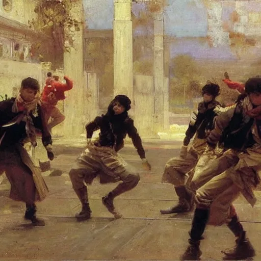 Prompt: a group of teenage boys doing TikTok dances. Ilya Repin and Ruan Jia.