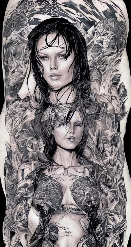 Image similar to a beautiful portrait of a woman with many tattoos, Travis Charest style