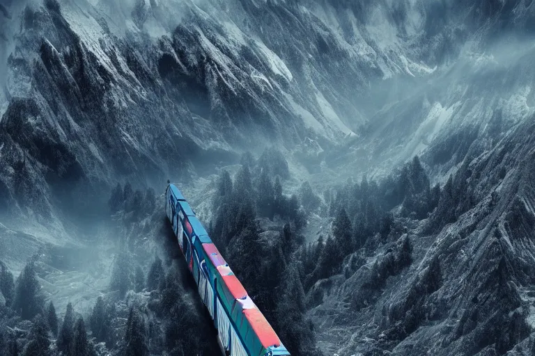 Image similar to a stunning aerial shot of beautiful mountains towering over a vast landscape, with a train from the 8 0 s tearing through the fabric of the universe, digital art, realistic, 4 k wallpaper