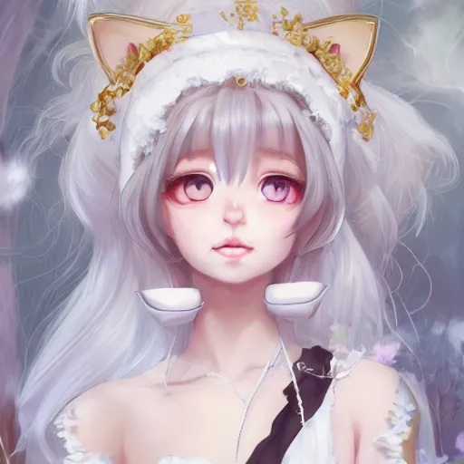 Image similar to realistic beautiful gorgeous Anna Taylor-Joy white hair cute white cat ears in maid dress outfit golden eyes artwork drawn full HD 4K highest quality in artstyle by professional artists WLOP, Taejune Kim, Guweiz, ArtGerm on Artstation Pixiv