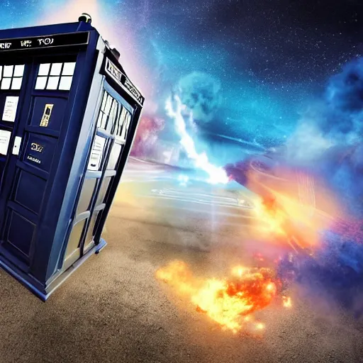 Prompt: the Tardis from Dr.Who crashing in the DeLorean from back to the future in a time tunnel 8k hyperdetailed photorealism