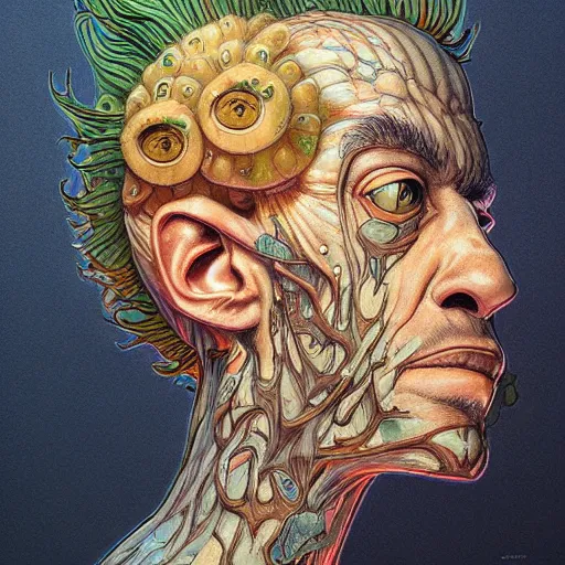 Image similar to fungus mohawk projector portrait by gaston bussierre and charles vess and james jean and erik jones and rhads, inspired by rick and morty, epic, funny, huge scale, beautiful fine face features, intricate high details, sharp, ultradetailed