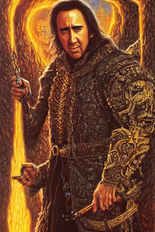 Image similar to Nicolas Cage as wizard, fantasy, intricate, highly detailed, illustration by ken kelly