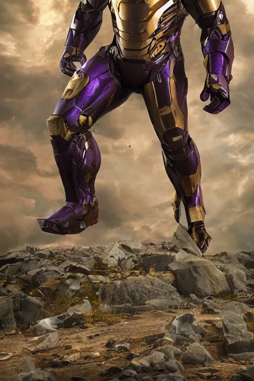 Image similar to thanos in a damaged and broken iron man suit, cinematic, volumetric lighting, f 8 aperture, cinematic eastman 5 3 8 4 film, photorealistic