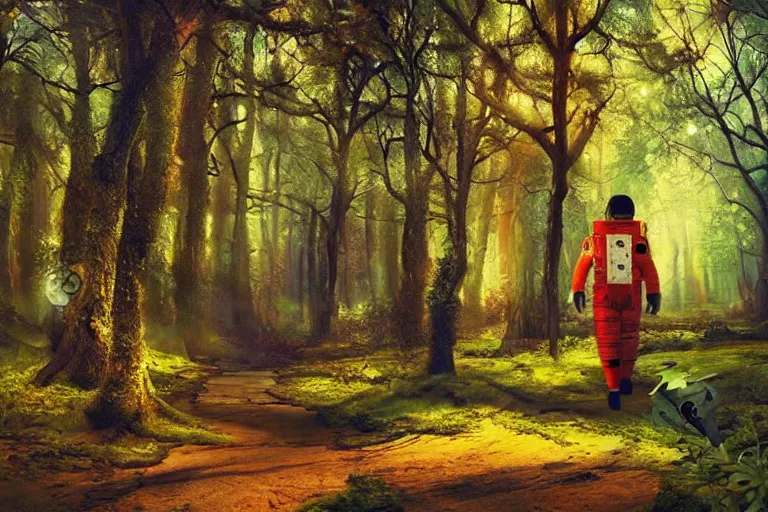 Prompt: Astronaut walking in a beautiful enchanted fantasy forest. Colorful. Cinematic lighting. Photorealism.