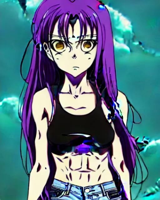 Image similar to style of madhouse studio anime, black lagoon manga, loish, artgerm, comic art, portrait of revy from black lagoon, symmetrical eyes and symmetrical face, jean shorts, white tank top, purple hair, sarcastic evil smirk on face, sky and ocean background