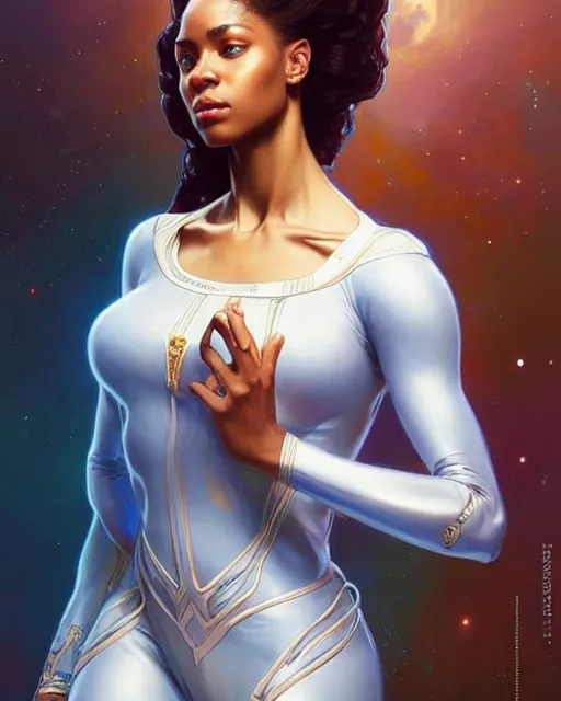 Image similar to Portrait of very very very very very very beautiful nigerian woman, spacesuit, blue eyes, real life skin, intricate, elegant, highly detailed, artstation, concept art, smooth, sharp focus, art by artgerm and greg rutkowski and alphonse mucha