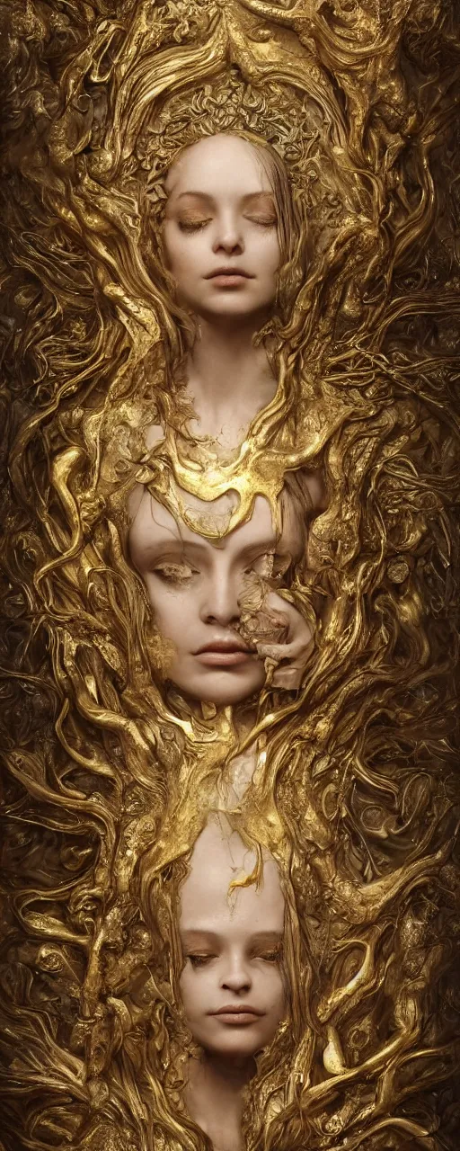 Prompt: portrait of a surreal goddess floating in the middle of a ancient wood, gold fluid simulation in the background, ultra super good realistic 3D render by Pete Morbacher and Emil Melmoth, insanely detailed, trending on artstation, sharp focus