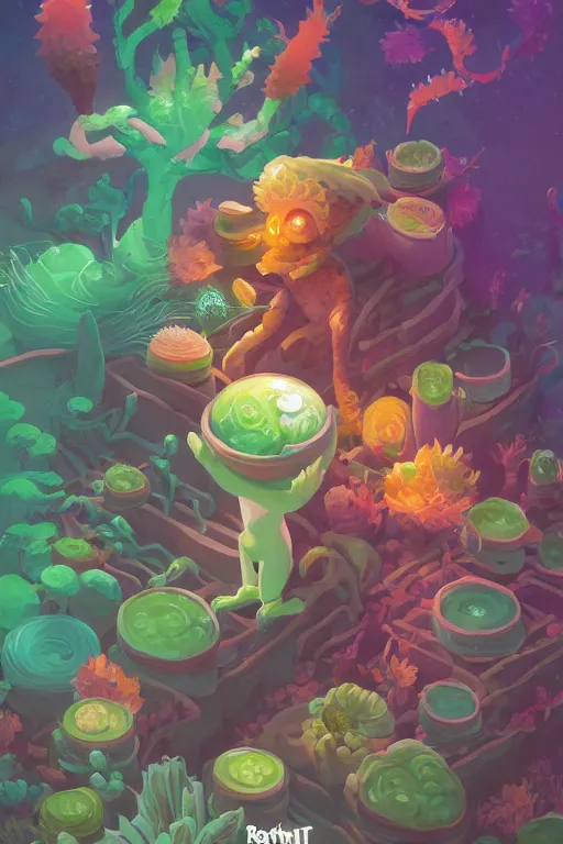 Image similar to roots cactus sushi cristal smurf ghost creature animal sushi cristal very big eye roots cactus elemental flush of force nature micro world fluo fishscale, behance hd by jesper ejsing, by rhads, makoto shinkai and lois van baarle, ilya kuvshinov, rossdraws radiating a glowing aura global illumination ray tracing hdr