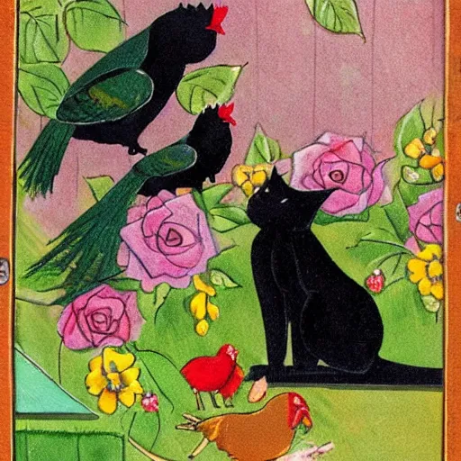 Image similar to black cat and two parrots and a hen