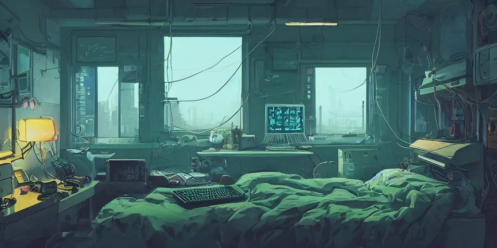 Prompt: cozy 9 0 s bedroom retrofuturism, cluttered, wires everywhere, computer, window, at night, lit only by the luminescent computer screen, cyberpunk city, dramatic lighting, alien technology, detailed by simon stalenhag