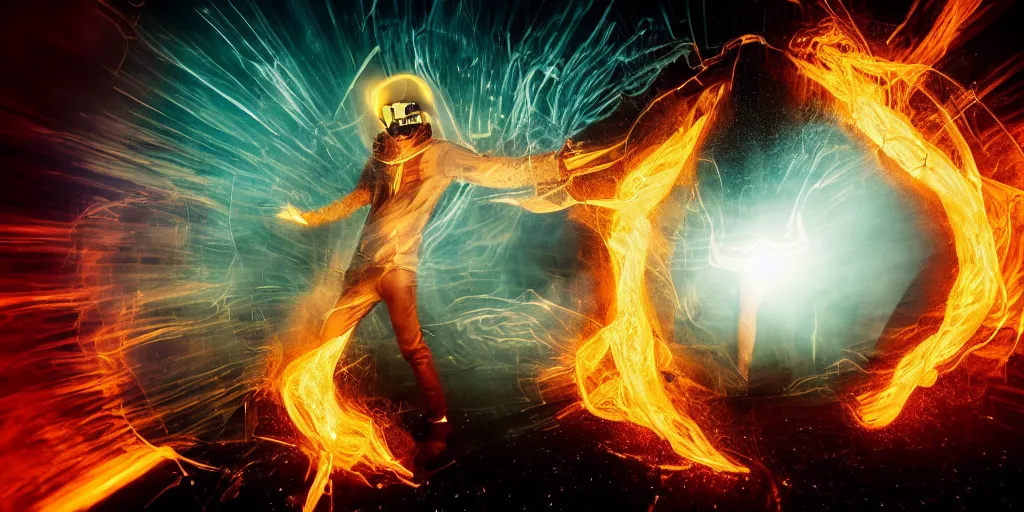 Image similar to VHS music video fisheye slow motion with lines of fire and smoke effect through a portal of futuristic break dancer wearing long dark cloak and golden helmet emitting fire and crystals, long exposure shot , enigmatic, at night half submerged by water, paddle of water, steam, fog, water splashes, rim lights, glossy reflections, water droplets on lens, octane render, Volumetric dynamic lighting, stunning cover magazine, high details, hajime sorayama