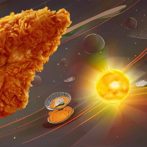 Prompt: fiery fried chicken at the center of the solar system, concept art