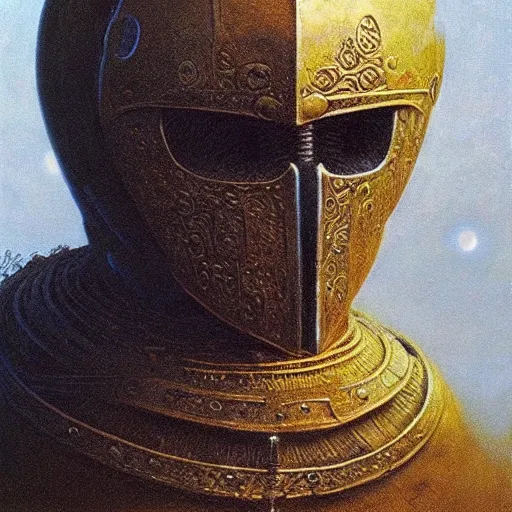 Prompt: portrait of powerful mighty noble knight in golden armour. He has big sword. He has golden hairs and blue eyes. Painting by Beksinski