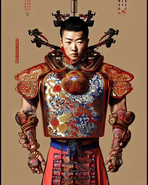 Prompt: portrait of a chinese masculine male cyberpunk machine, machine face, upper half portrait, decorated with chinese opera motifs, muscular, asian, fine china, wuxia, traditional chinese art intricate intense elegant 京 剧 highly detailed symmetry headpiece digital painting artstation concept art smooth sharp focus illustration, art by artgerm and greg rutkowski alphonse mucha 8 k