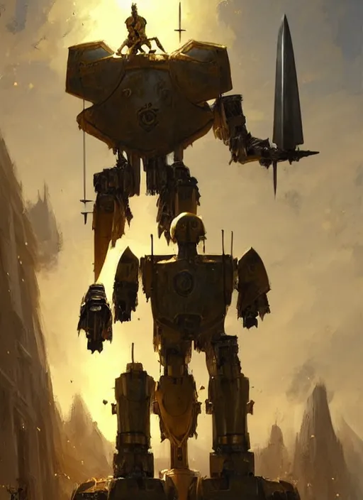 Prompt: tall strong intricate yellow pit droid holding large paladin medieval shield!!! and a long medieval engraved powerful great sword, pancake short large head painterly humanoid mecha, beautiful fantasy background by Greg Rutkowski