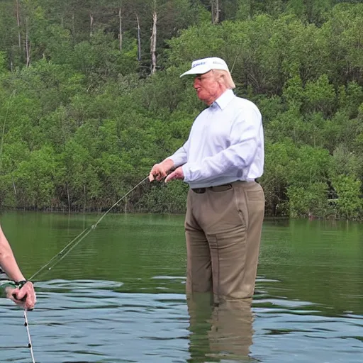 Image similar to donald trump fishing with putin beautiful lake