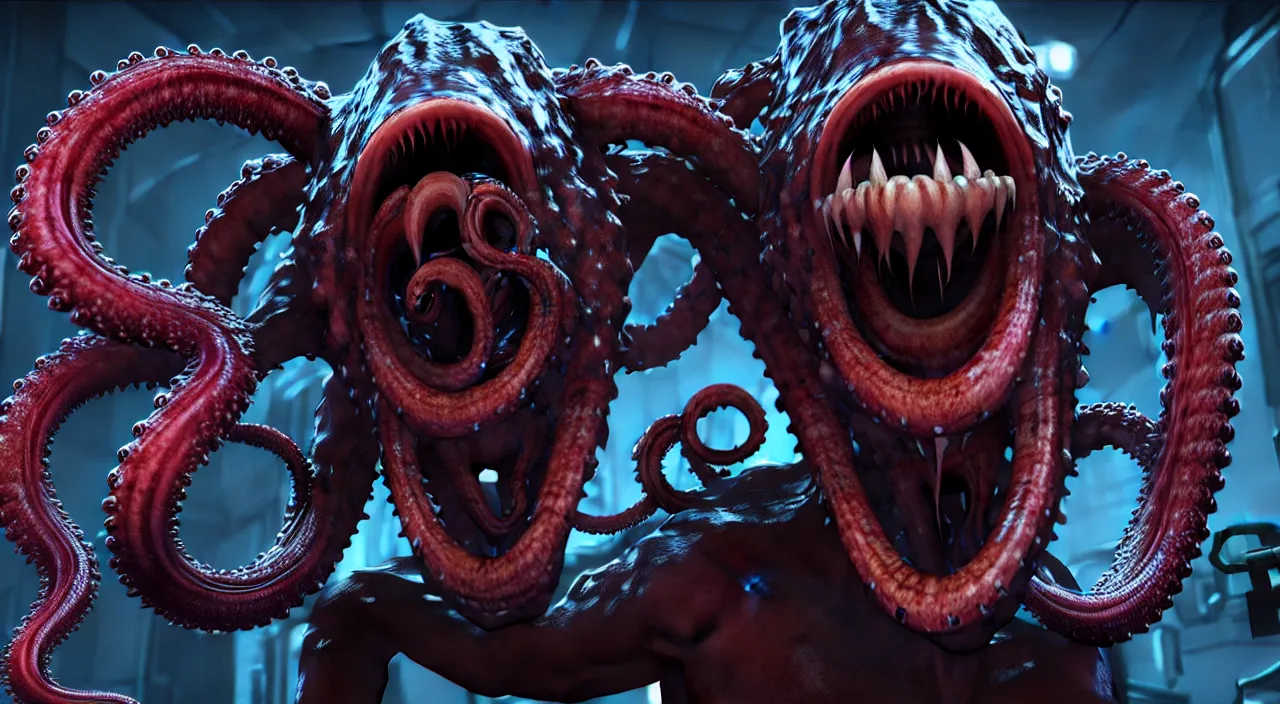 Image similar to gary busey as a monster with tentacles, horror video game, sci fi horror, alien ( 1 9 7 9 ), body horror, unreal engine, octane render, depth of field, cycles render, hd