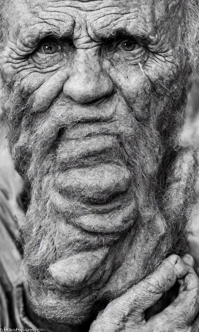 Image similar to an ancient man, extreme wrinkles, time weighs heavily, old beyond his years