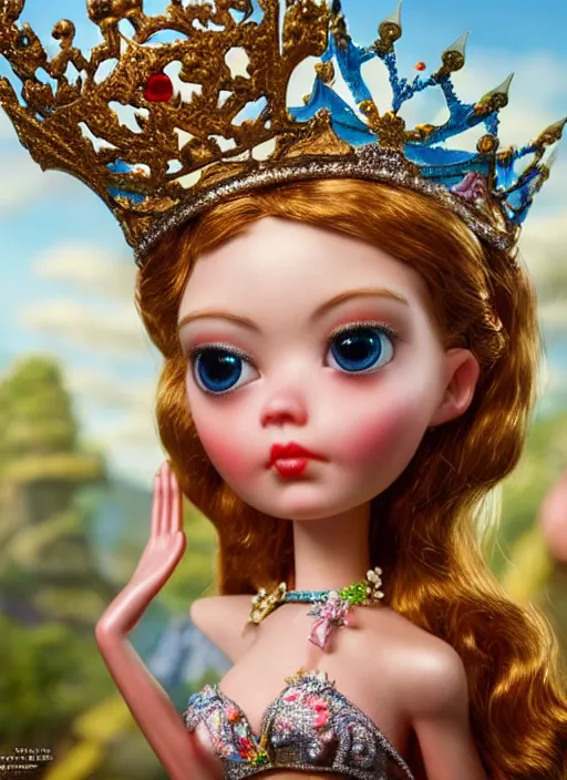 Image similar to highly detailed closeup, face profile portrait of a tin toy fairytale princess wearing a crown, bikini, unreal engine, nicoletta ceccoli, mark ryden, earl norem, lostfish, global illumination, detailed and intricate environment