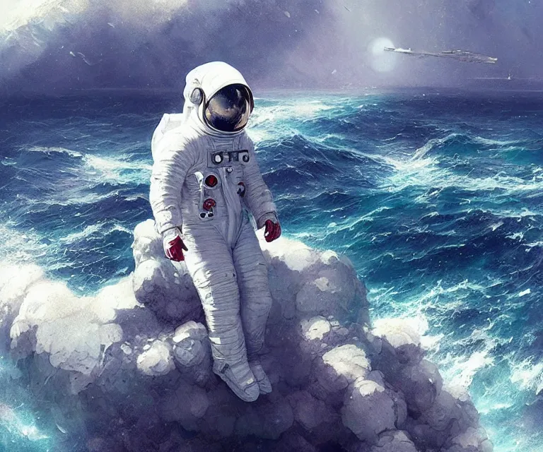 Image similar to an astronaut lost in the ocean,digital art,detailed,ultra realistic,art by greg rutkowski