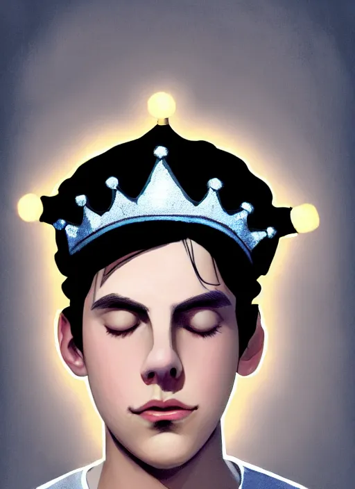 Image similar to portrait of teenage jughead jones wearing a light grey crown, photorealistic, crown, eyes closed, crown, black hair, sweater with letter s on it, letter s, intricate, elegant, glowing lights, highly detailed, digital painting, artstation, concept art, smooth, sharp focus, illustration, art by wlop, mars ravelo and greg rutkowski