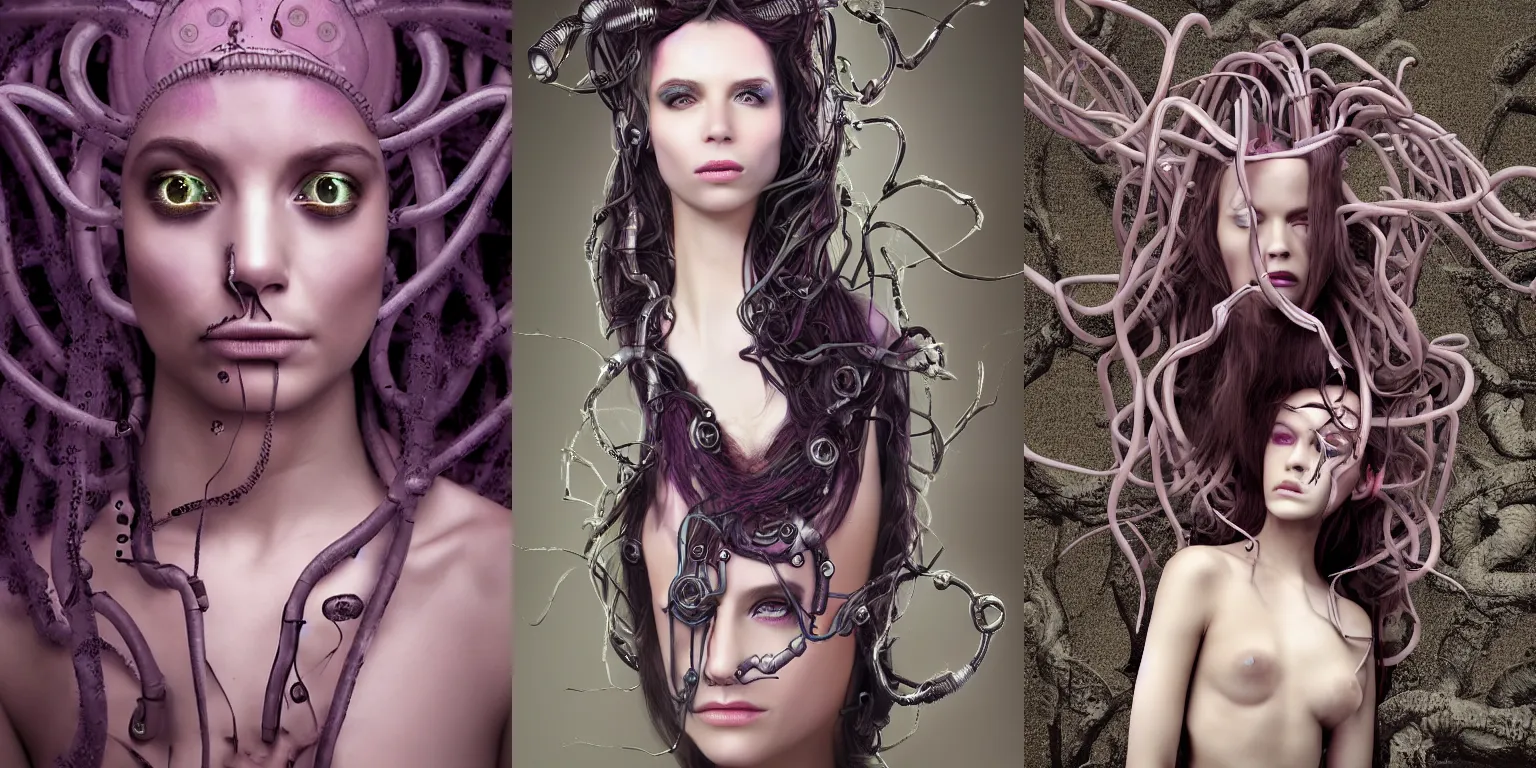 Prompt: photo full body portrait of feminine Medusa Bio-Augmentation Organic Technology Urban Fantasy Electro-Alchemist, Human face, by Thomas Rivers and WLOP, hyperreal