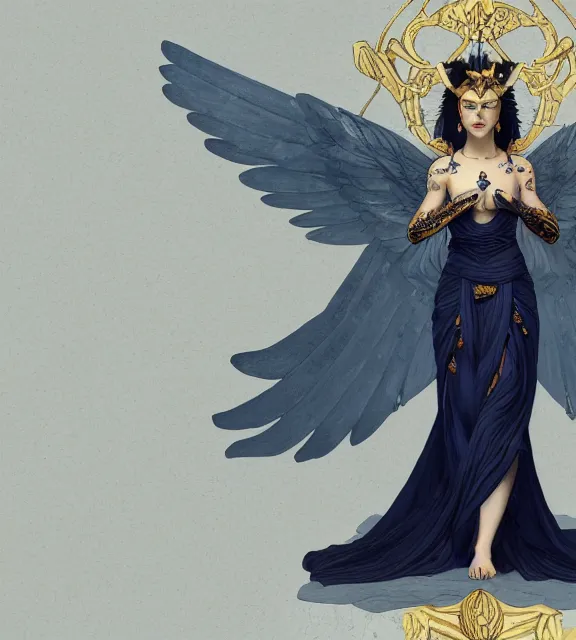 Image similar to male, god of death, in the underworld, elegant dark blue dress, very detailed, throne, very intricate details, jewelry, gold line tattoos, elaborate long hairstyle, wings, cinematic, artstation, william bouguereau, alphonse mucha, greg rutkowski, rossdraws, octane render