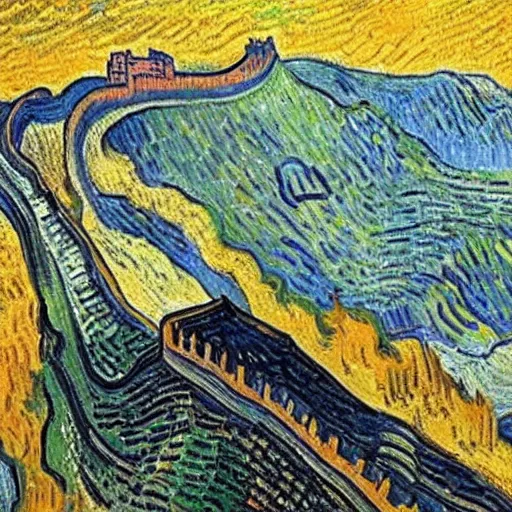 Prompt: An oil painting of a supercar is running on the Great Wall, by Van Gogh