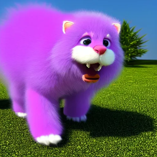 Image similar to purple fluffy animal running happily, hyperrealistic 4 k ultra detail 3 d render