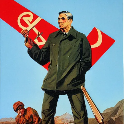 Image similar to soviet propaganda of robert mueller holding a hammer and sickle in realistic collective farm, by j. c. leyendecker, bosch, and beksinski