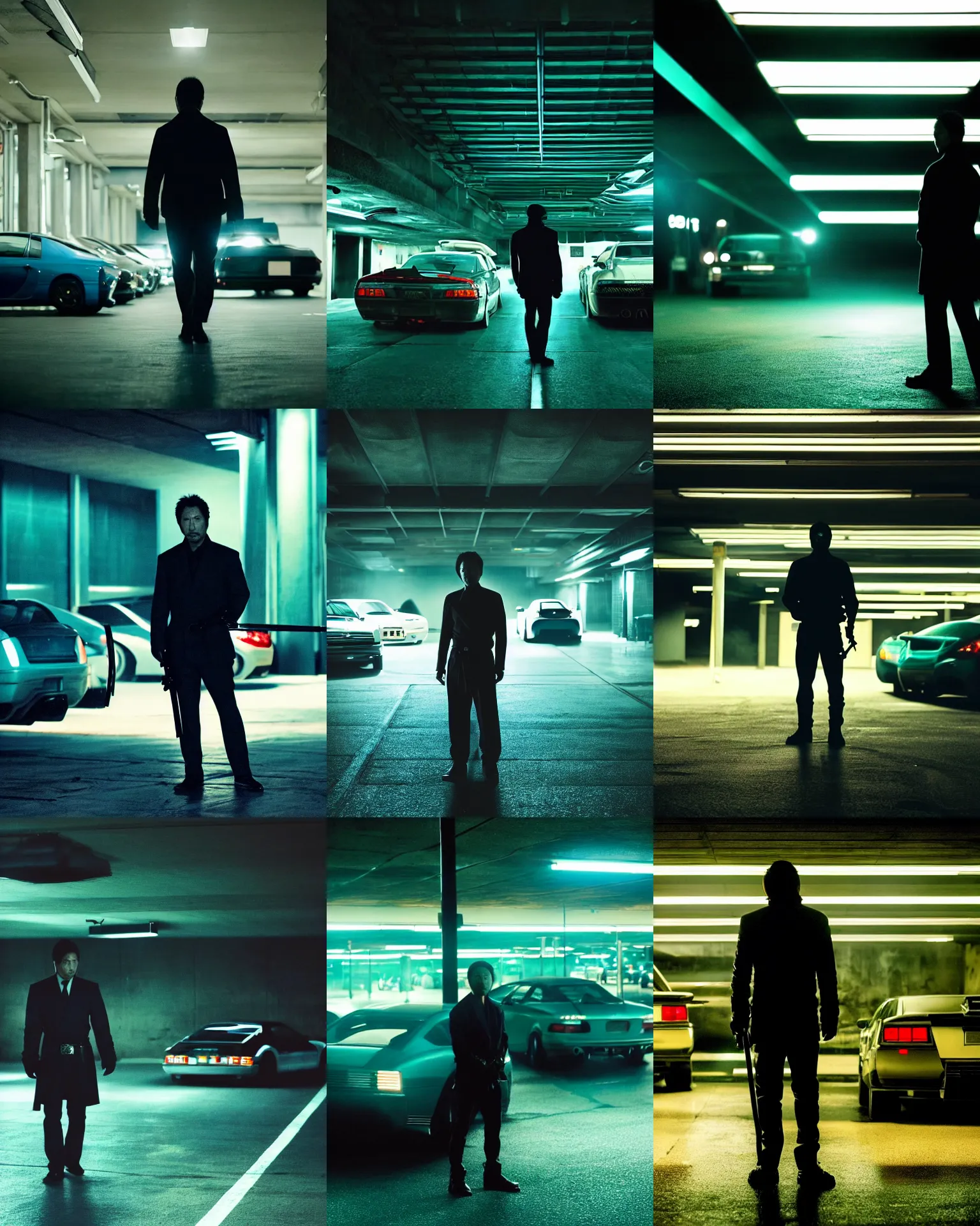 Prompt: denis villeneuve movie still of a silhouetted yakuza in an underground parking lot, holding a long katana, many exotic cars, rack focus, close establishing shot, monochromatic teal, dark teal lighting, soft dramatic lighting, 4 k digital camera