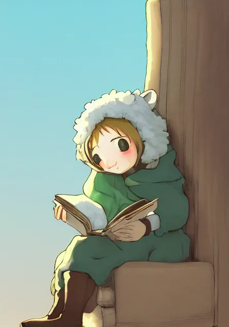 Image similar to beautiful little boy wearing sheep suit reading a book while sitting on chair, gray, blue, green and brown pallet color. made in abyss art style, inspired in kris from deltarrune, cute detailed artwork, anatomically correct, soft details, ilya kuvshinov, reflection, perfect composition, mobile wallpaper, illumination