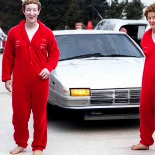 Prompt: mark zuckerberg in a red pajama onesie getting tucked into a racecar bed by his mom circa 1 9 9 3
