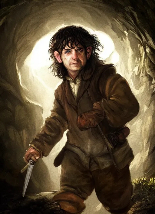 Image similar to A portrait painting of a hobbit rogue sneaking in a cavern, DAZ, hyperrealistic, ambient light, dynamic light