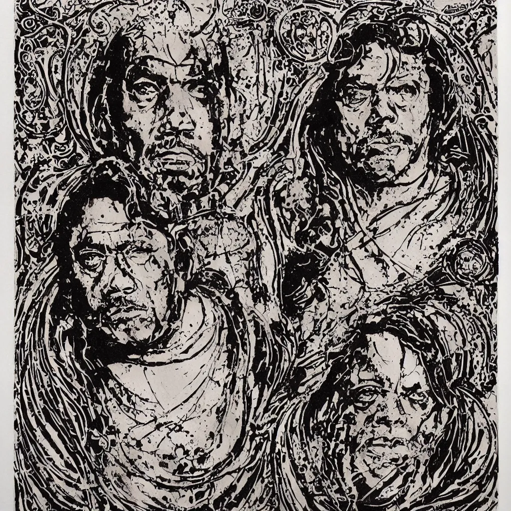 Prompt: A dramatic art nouveau bust portrait of James Earl Jones with long black hair as Thulsa Doom in scratchy rune-carved armor, framed with metallic art nouveau shield designs around the borders, by Travis Charest, Jia Ruan and Bill Sienkiewicz, watercolor, bleed, splatters, random brush strokes, epic lighting and depth of field, sinister ambience, malevolent expression, determination, dominance, confidence, mixed media painting, accurate symmetrical facial details, perfect symmetry, sumerian, roman, egyptian, medieval, intricately detailed
