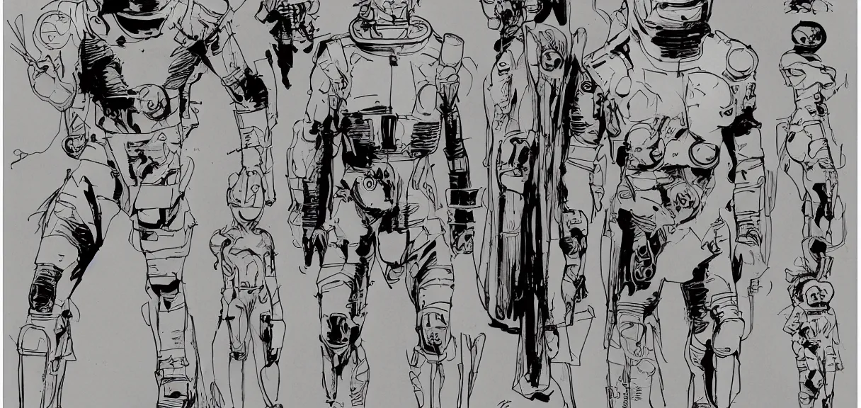 Image similar to male, heroic figure, space suit with a modern helmet, character sheet, structured shapes, science fiction, very stylized, character design, pen and ink, digital painting, watercolor wash, by mike mignola, by alex maleev, jean giraud