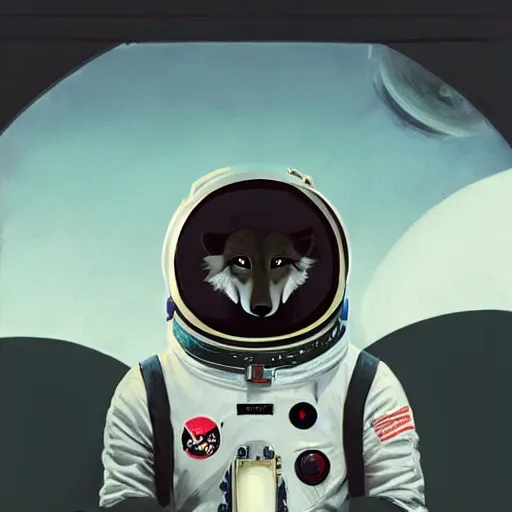 Prompt: A portrait of an anthropomorphic wolf in an astronaut suit by Vincent DiFate, Greg Rutkowski, cinematic 8k trending on artstation, anthro wolf astronaut