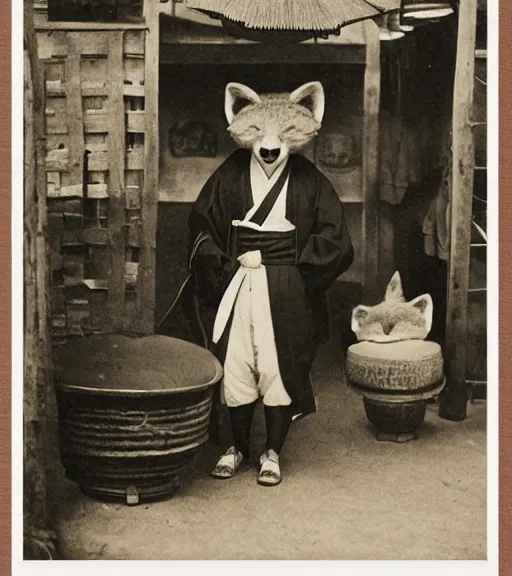 Image similar to 1 8 th century japanese street market in kyoto, 1 9 0 0 s photography, portrait anthro anthropomorphic fox head animal person fursona wearing clothes street trader