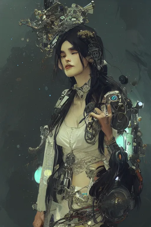 Image similar to A full portrait of a powerful beautiful futuristic dystopian junktown Japanese techromancer sorcerer enchanter, intricate, elegant, highly detailed, digital painting, artstation, concept art, smooth, sharp focus, illustration, art by Krenz Cushart and Artem Demura and alphonse mucha