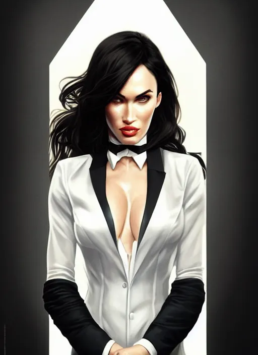 Image similar to portrait of megan fox as business woman, black suit, white shirt, necktie, city, intricate, headshot, highly detailed, digital painting, artstation, concept art, sharp focus, cinematic lighting, illustration, art by artgerm and greg rutkowski, alphonse mucha, cgsociety