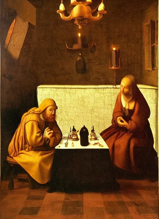 Image similar to a candlelit table at the inn, two people sitting at the table, swirling smoke, dark smoke, realistic, in the style of leonardo da vinci, dutch golden age, amsterdam, medieval painting by jan van eyck, johannes vermeer, florence