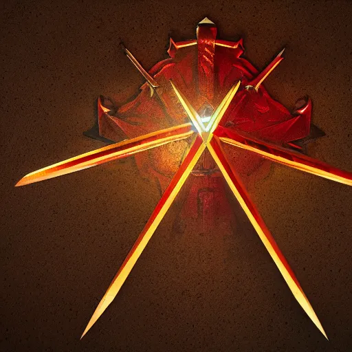 Image similar to game - icon of sword and battleaxe crossed on a prism, red powerful fantasy epic legends, game icon stylized, digital illustration radiating, a glowing aura, global illumination, ray tracing, 8 k high definition, intricate details, octane render, unreal engine, trending on arstation